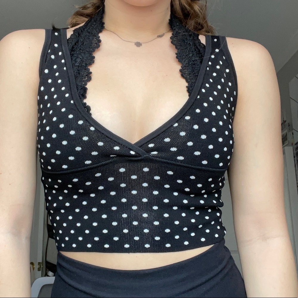 deep v-neck black and white polka dot tank top
